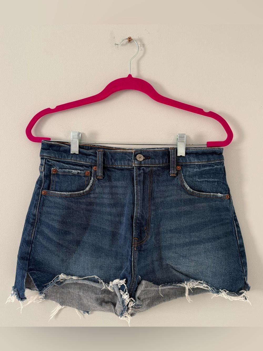 Abercrombie & Fitch Distressed Dark Blue Denim High Rise Cutoff Shorts